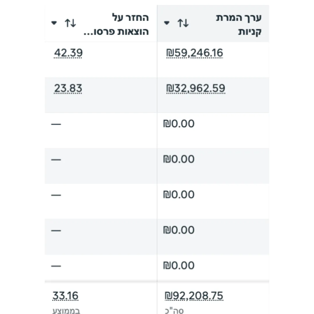 צילום נתוני הקמפיין לחנות כלי בית: ROAS ממוצע 33.16 וערך המרות קנייה כולל של 92,208.75 ש״ח